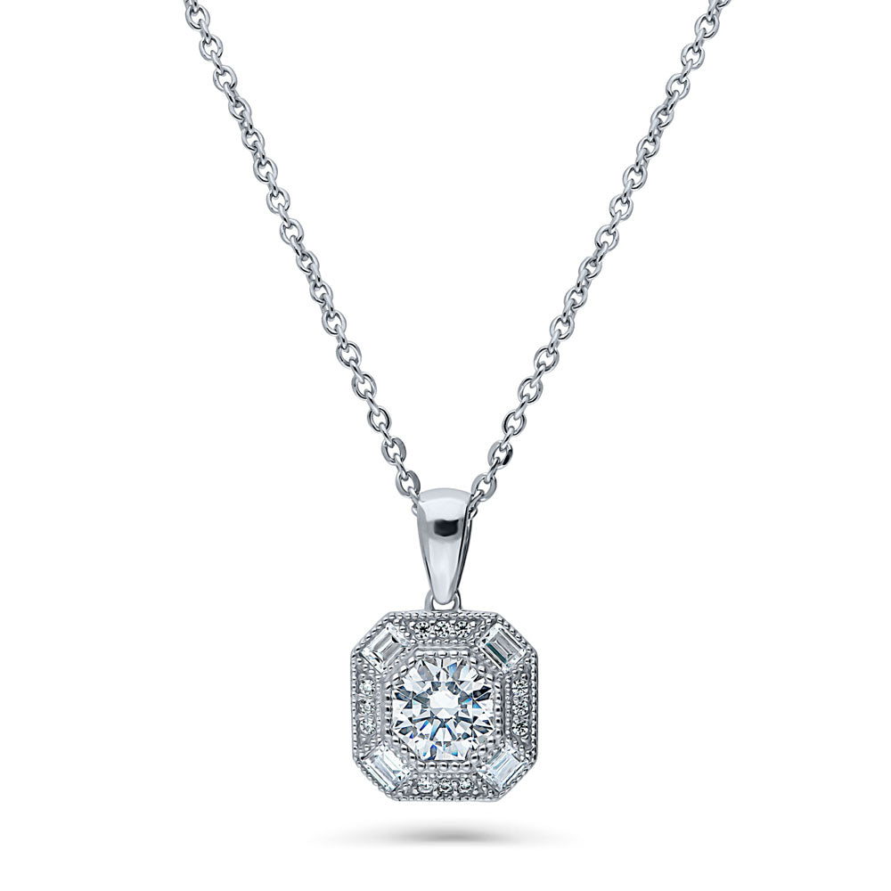 Halo Art Deco Octagon Sun CZ Pendant Necklace in Sterling Silver