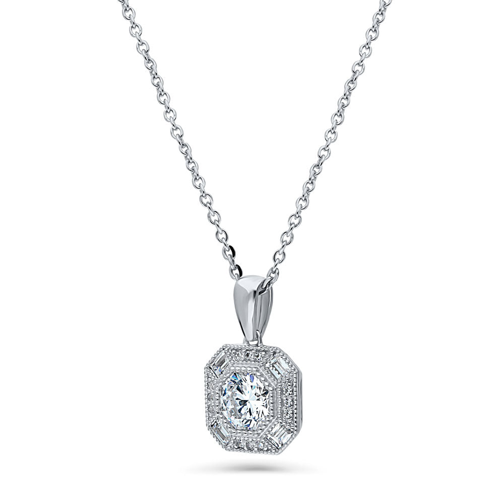 Halo Art Deco Octagon Sun CZ Pendant Necklace in Sterling Silver