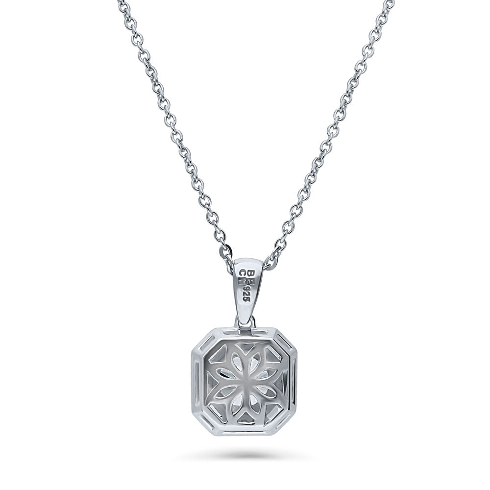 Halo Art Deco Octagon Sun CZ Pendant Necklace in Sterling Silver