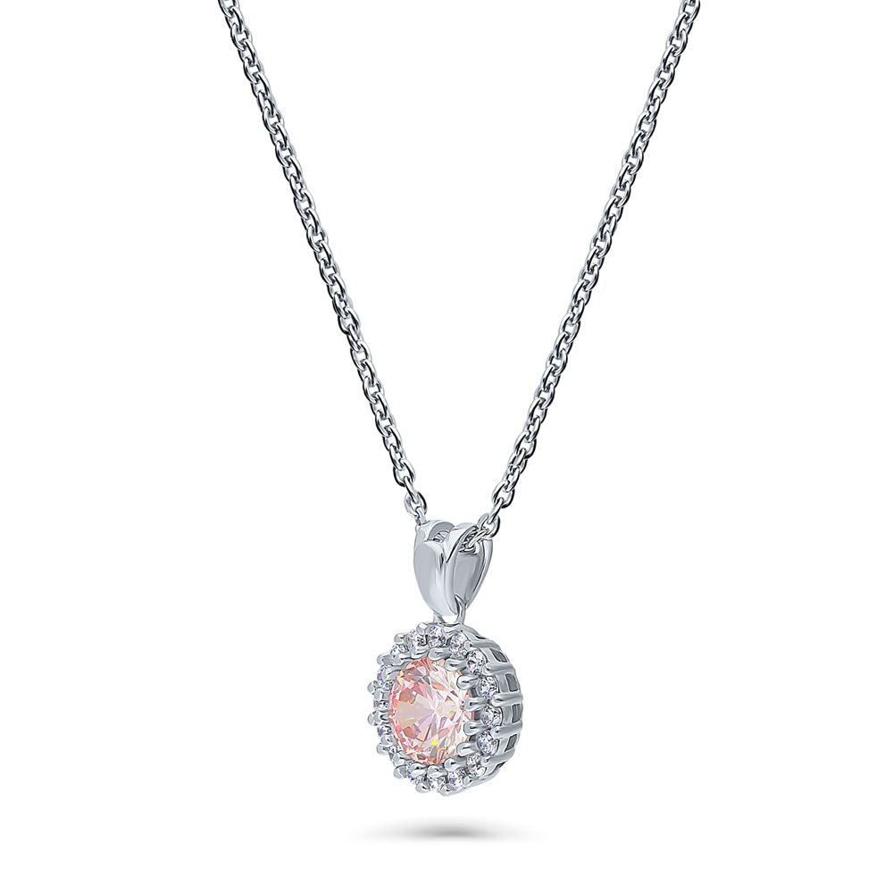 Halo Morganite Color Round CZ Pendant Necklace in Sterling Silver