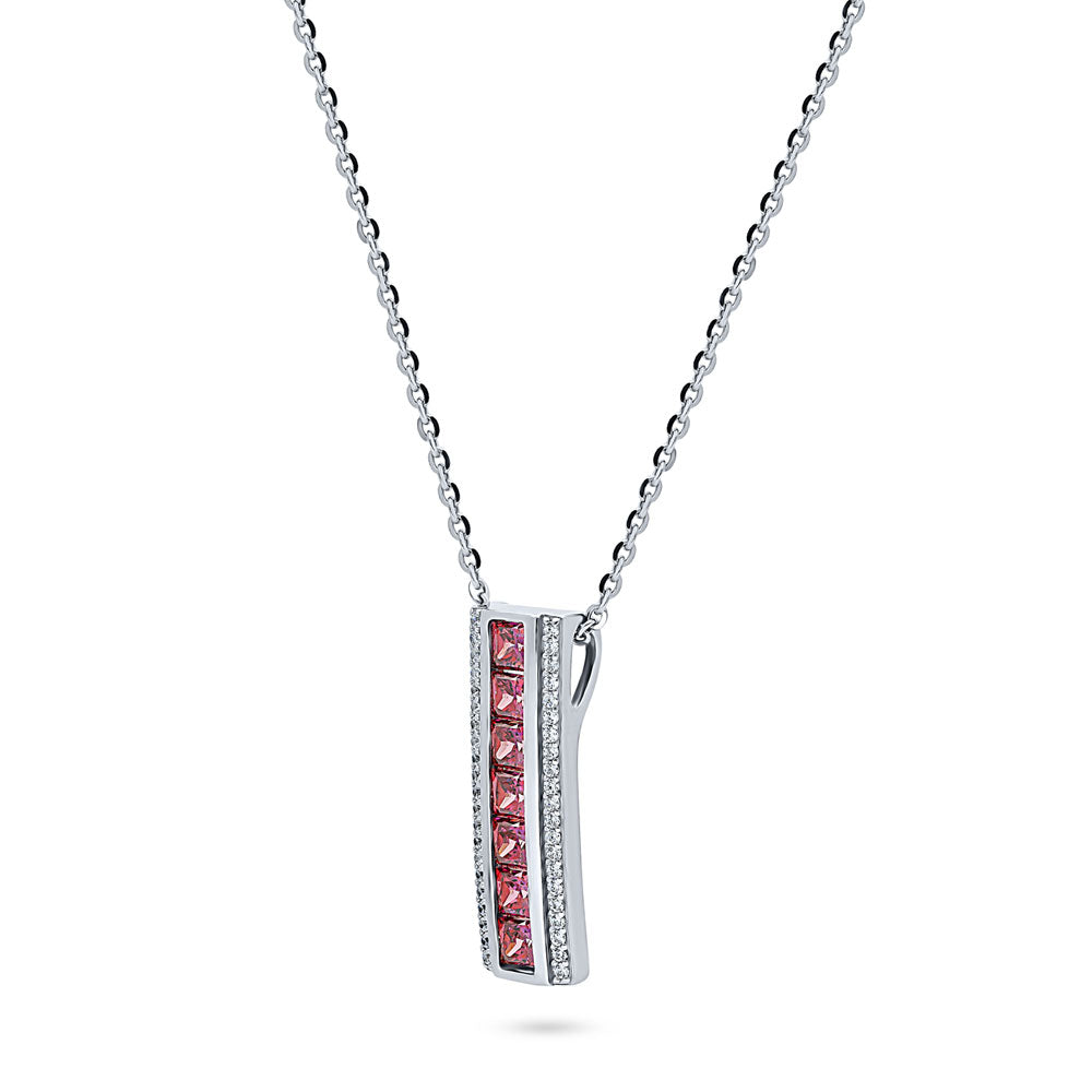 Bar Red CZ Pendant Necklace in Sterling Silver