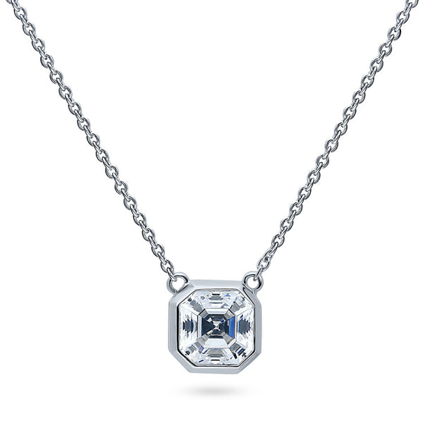 Beautiful Trio Necklace with Diamond Essence Asscher cut Stones set in four  prongs,Platinum Plated Sterling Silver, 3.5 cts.t.w. 2 carat in the center  and 0.75 ct. on each side.