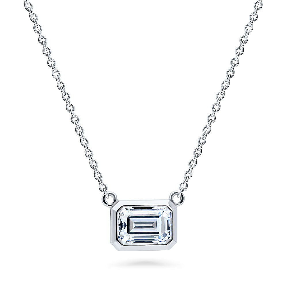 Solitaire 1ct Bezel Set Emerald Cut CZ Necklace in Sterling Silver, 1 of 5