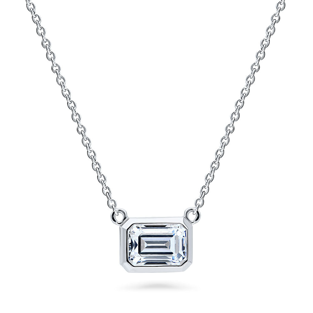 Solitaire East-West Emerald Cut CZ Necklace in Sterling Silver, 1 of 5