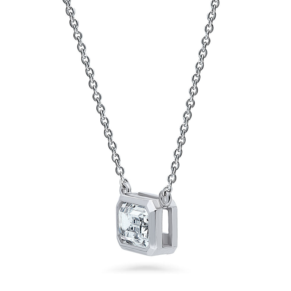 Front view of Solitaire 1ct Bezel Set Emerald Cut CZ Necklace in Sterling Silver, 3 of 5