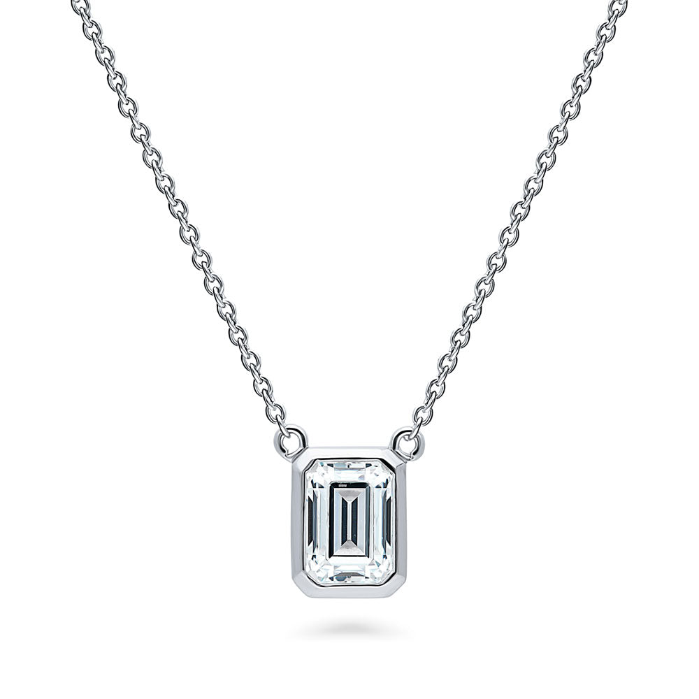 Solitaire 1ct Bezel Set Emerald Cut CZ Necklace in Sterling Silver
