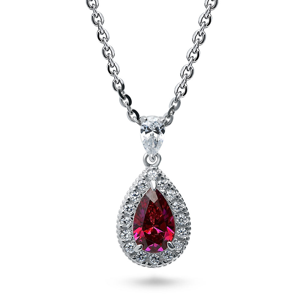 Halo Red Pear CZ Pendant Necklace in Sterling Silver, 1 of 6