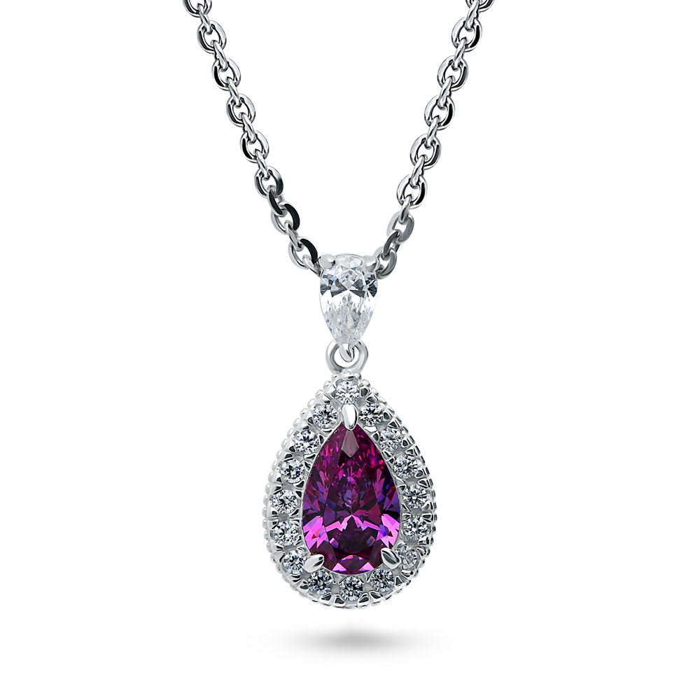 Halo Purple Pear CZ Necklace and Earrings Set in Sterling Silver
