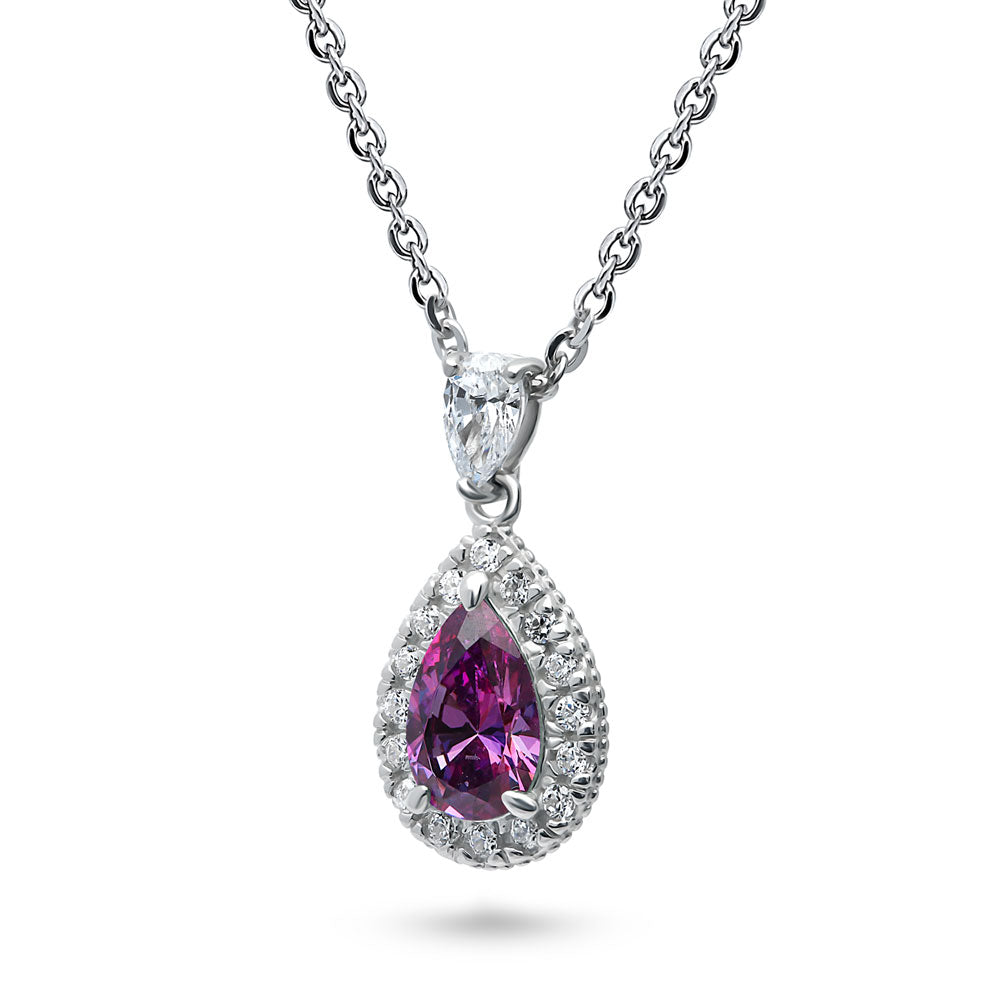 Halo Purple Pear CZ Pendant Necklace in Sterling Silver