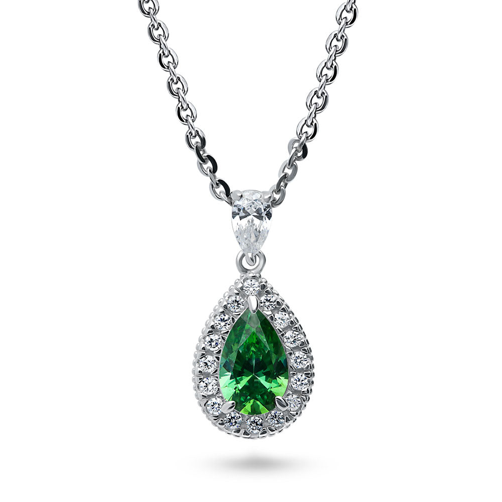 Halo Green Pear CZ Pendant Necklace in Sterling Silver, 1 of 6
