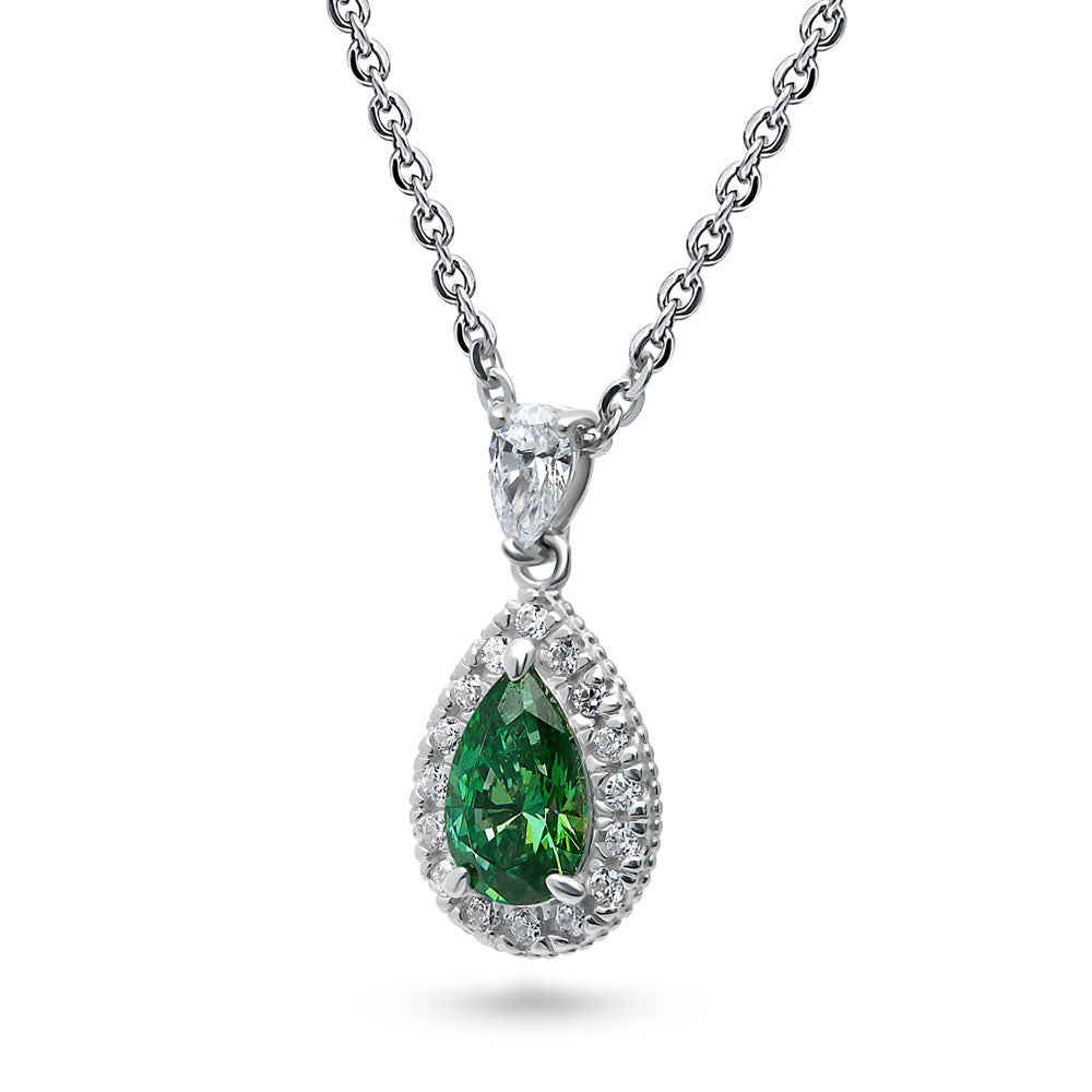 Front view of Halo Green Pear CZ Pendant Necklace in Sterling Silver, 3 of 6