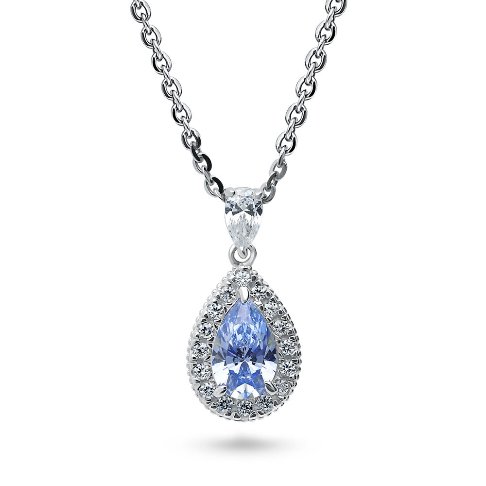 Halo Blue Pear CZ Pendant Necklace in Sterling Silver, 1 of 6