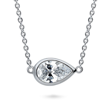 East-West Solitaire Bezel Set CZ Pendant Necklace in Sterling Silver