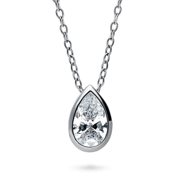 Solitaire Bezel Set Pear CZ Pendant Necklace in Sterling Silver 0.8ct