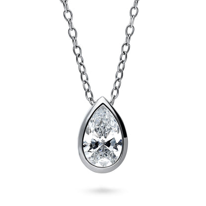 Solitaire 0.8ct Bezel Pear CZ Necklace in Sterling Silver