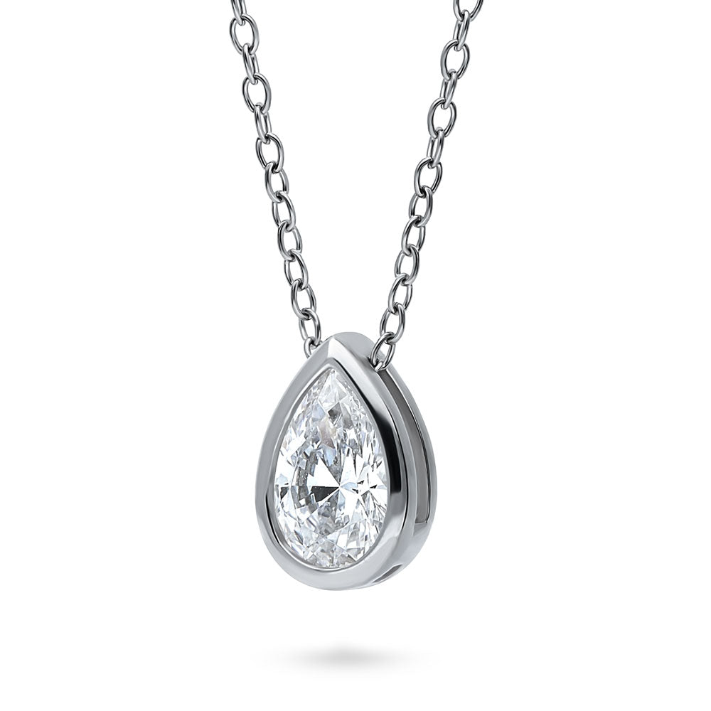 Front view of Solitaire 0.8ct Bezel Pear CZ Necklace in Sterling Silver, 4 of 6