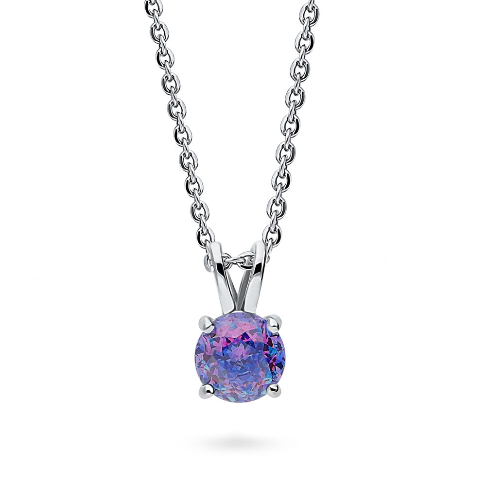 Kaleidoscope Solitaire 0.8ct CZ Necklace in Sterling Silver, Purple Aqua Color