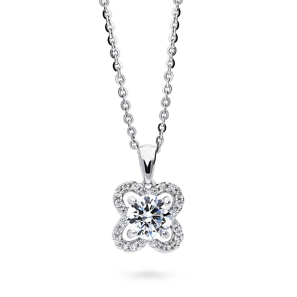 Flower Halo CZ Pendant Necklace in Sterling Silver, 1 of 6