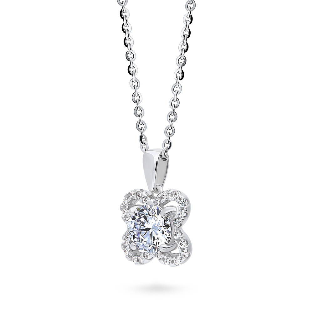 Front view of Flower Halo CZ Necklace and Earrings Set in Sterling Silver, 8 of 10