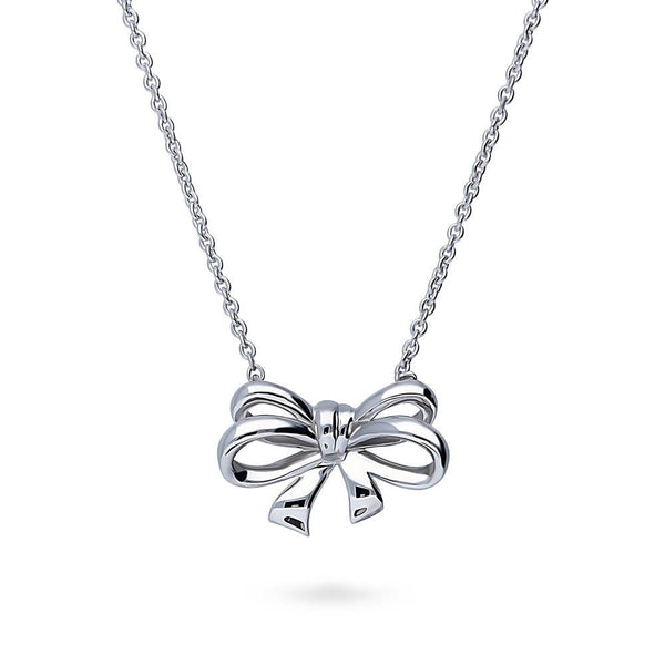 Sterling Silver And Glittered Bow Necklace 001-605-00190