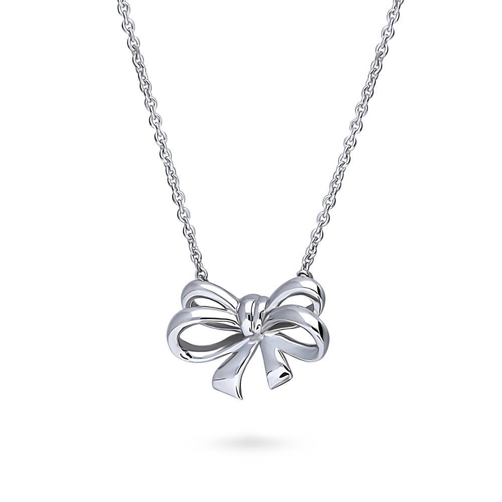 Front view of Bow Tie Ribbon CZ Necklace in Sterling Silver, Style 1