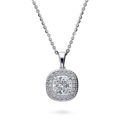 Halo Woven Art Deco Cushion CZ Necklace in Sterling Silver