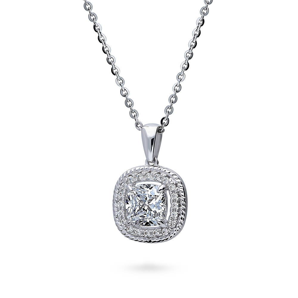 Halo Woven Cushion CZ Pendant Necklace in Sterling Silver