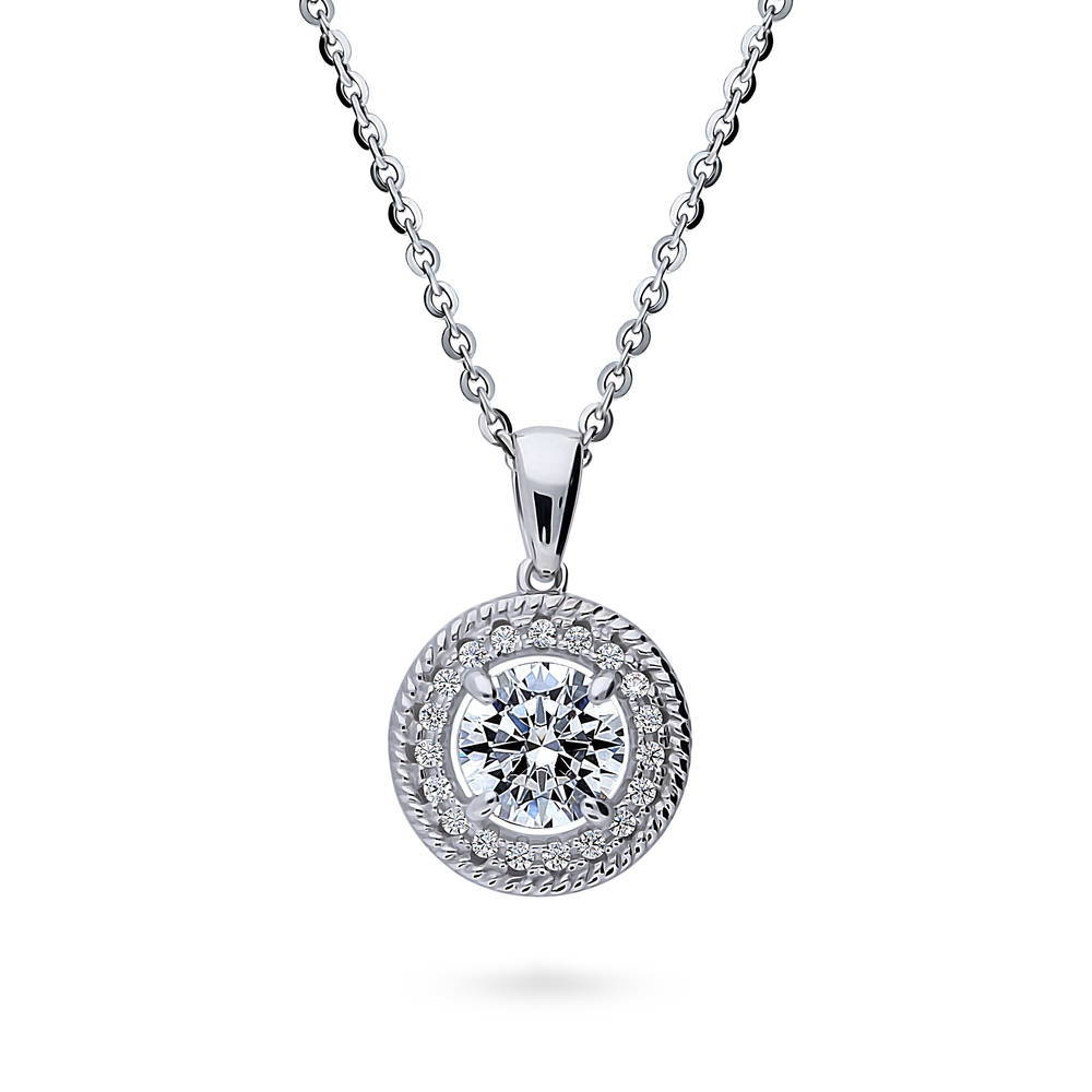 Halo Cable Round CZ Pendant Necklace in Sterling Silver