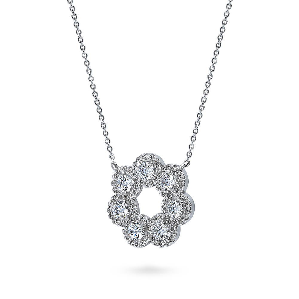 Front view of 7-Stone Wreath CZ Pendant Necklace in Sterling Silver, 4 of 6