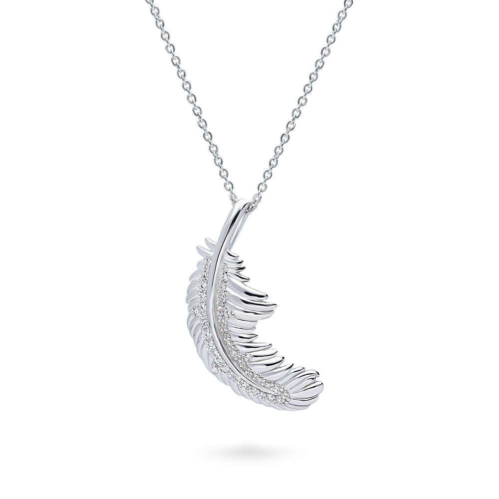 Feather CZ Pendant Necklace in Sterling Silver