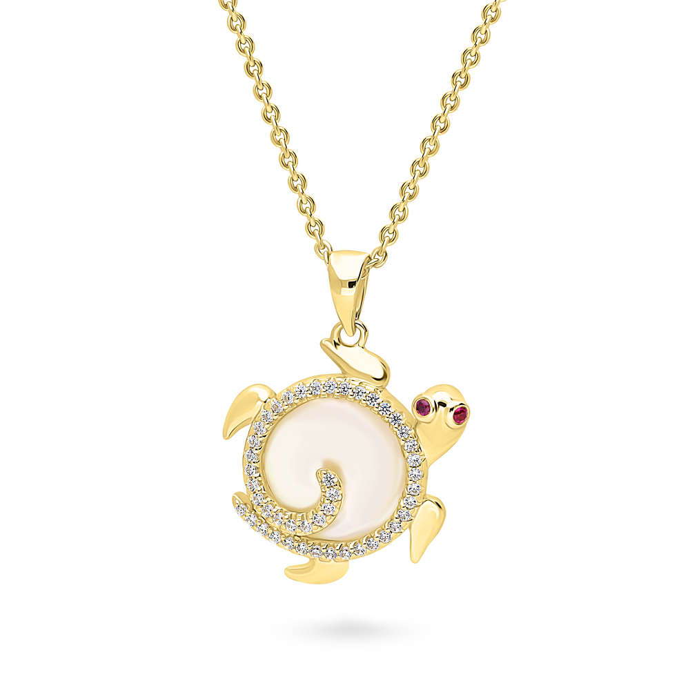 Front view of Turtle Mother Of Pearl Pendant Necklace in Gold Flashed Sterling Silver, 4 of 6
