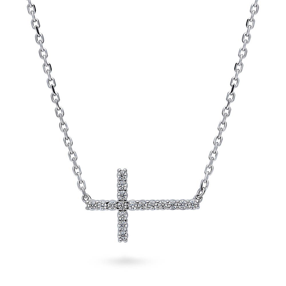 Sideways Cross CZ Pendant Necklace in Sterling Silver, 1 of 6