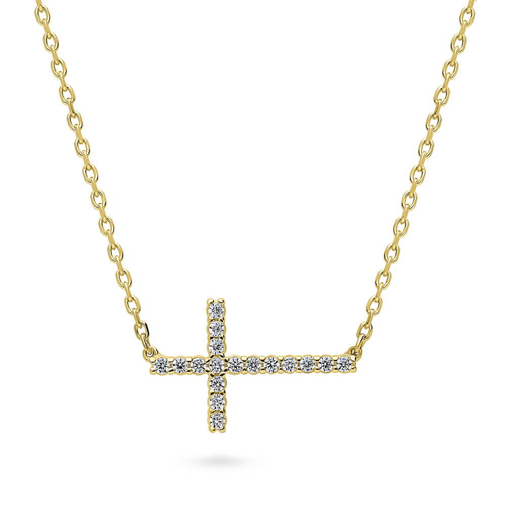 Sideways Cross CZ Pendant Necklace in Gold Flashed Sterling Silver, 1 of 6