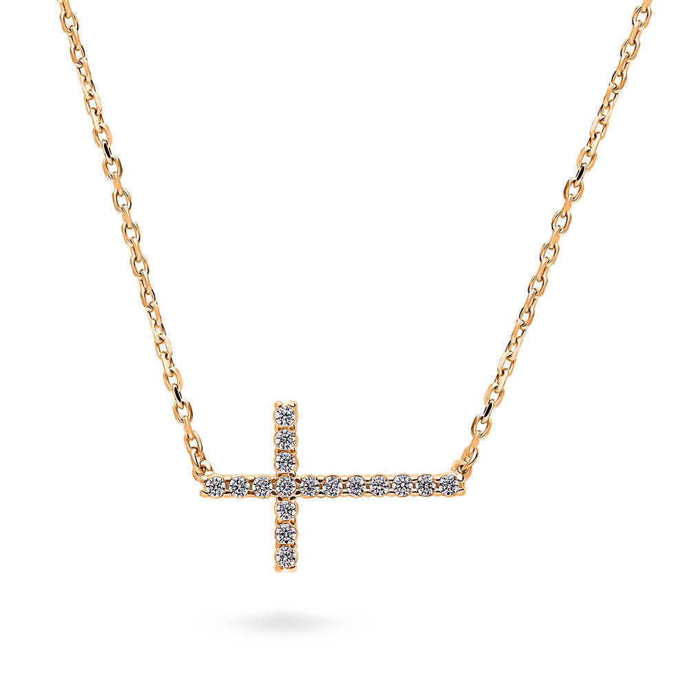 Sideways Cross CZ Pendant Necklace in Rose Gold Flashed Sterling Silver, 1 of 6