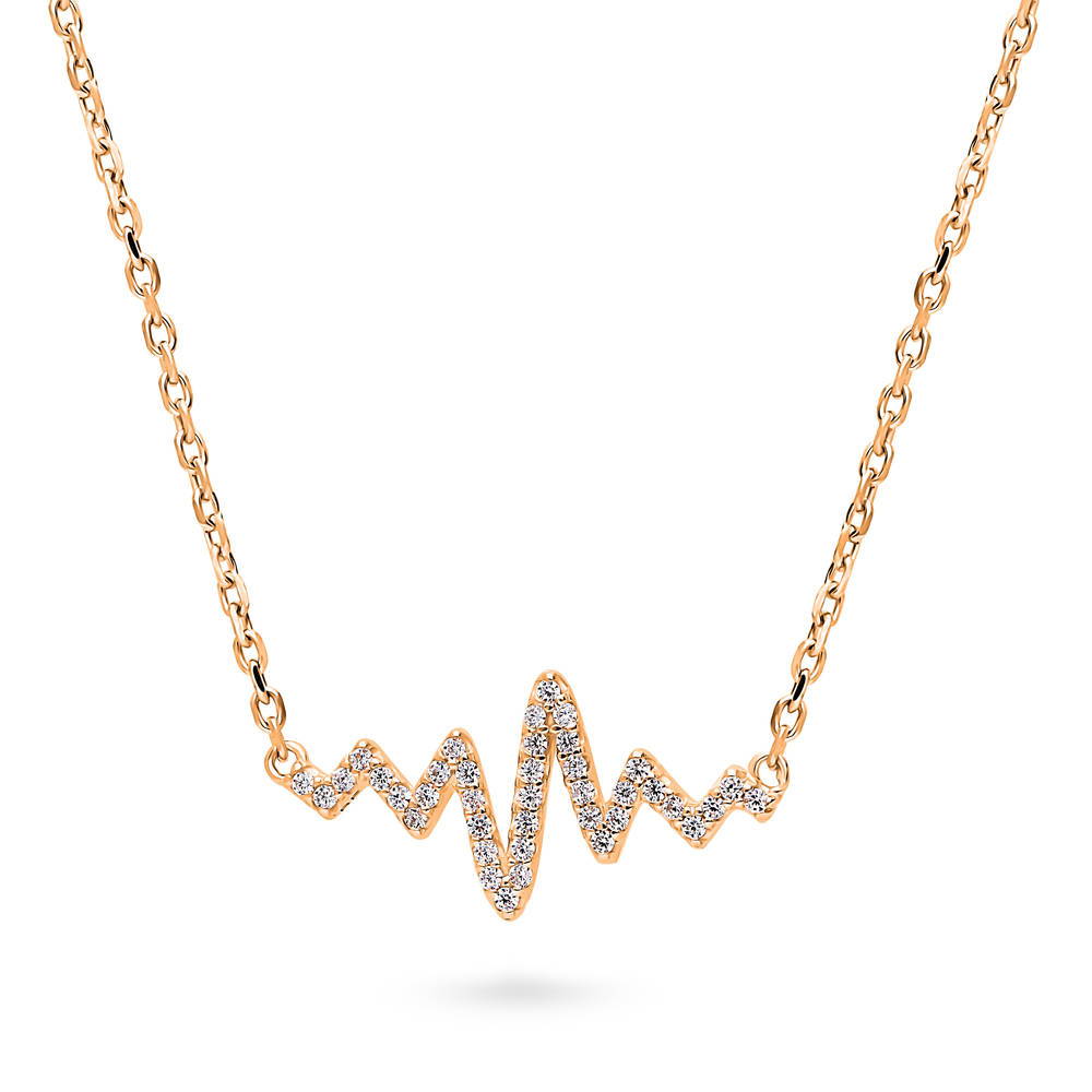 Front view of Heartbeat CZ Pendant Necklace in Rose Gold Flashed Sterling Silver, 3 of 5