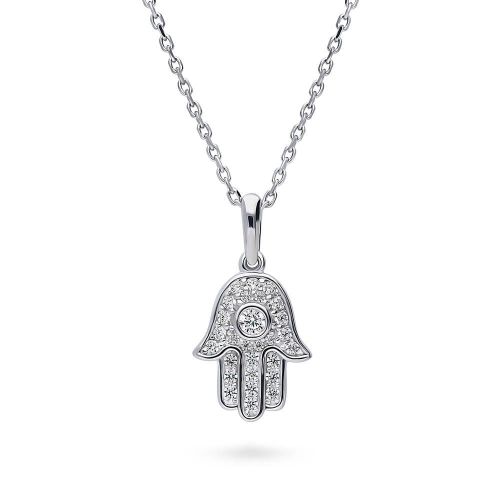 Hamsa Hand CZ Pendant Necklace in Sterling Silver, 1 of 5