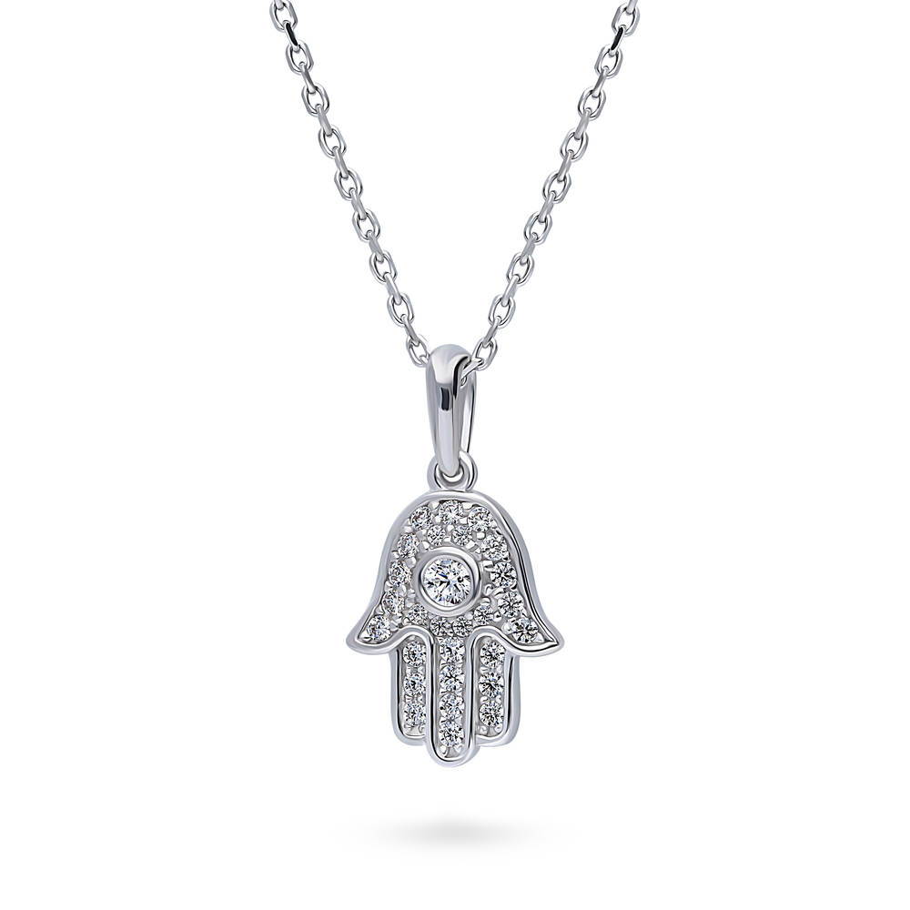 Front view of Hamsa Hand CZ Pendant Necklace in Sterling Silver, 3 of 5