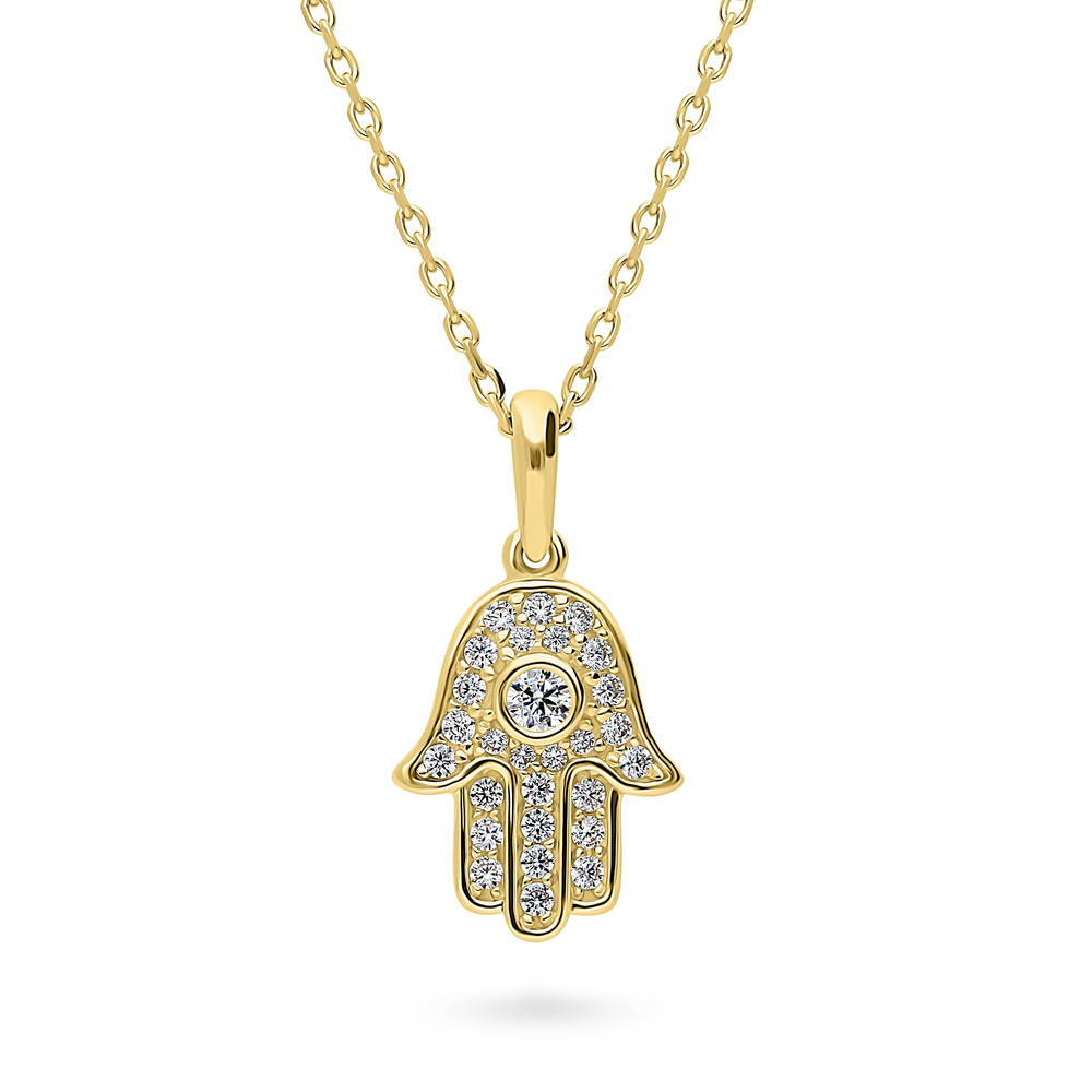 Hamsa Hand CZ Pendant Necklace in Gold Flashed Sterling Silver, 1 of 5