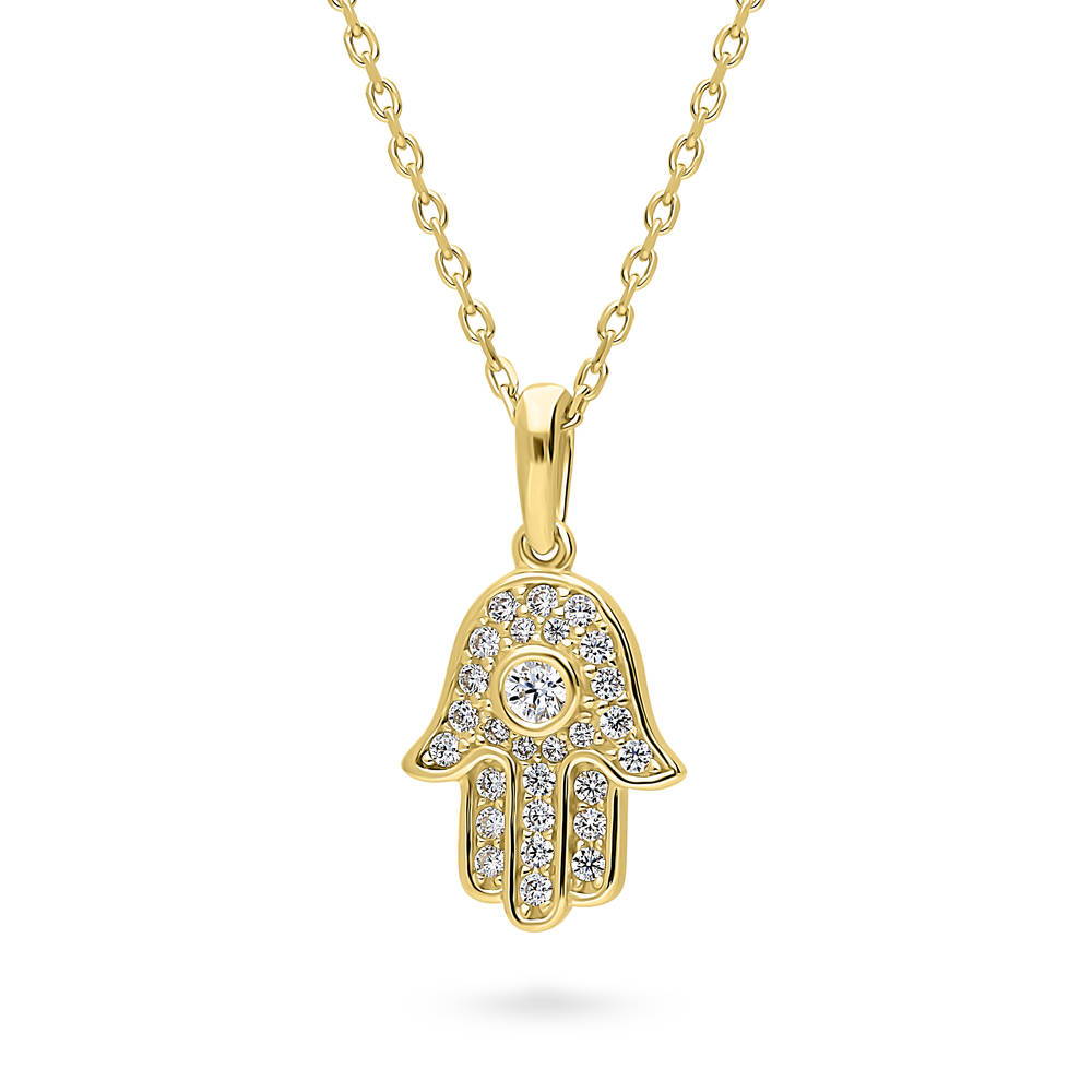 Front view of Hamsa Hand CZ Pendant Necklace in Gold Flashed Sterling Silver, 3 of 5