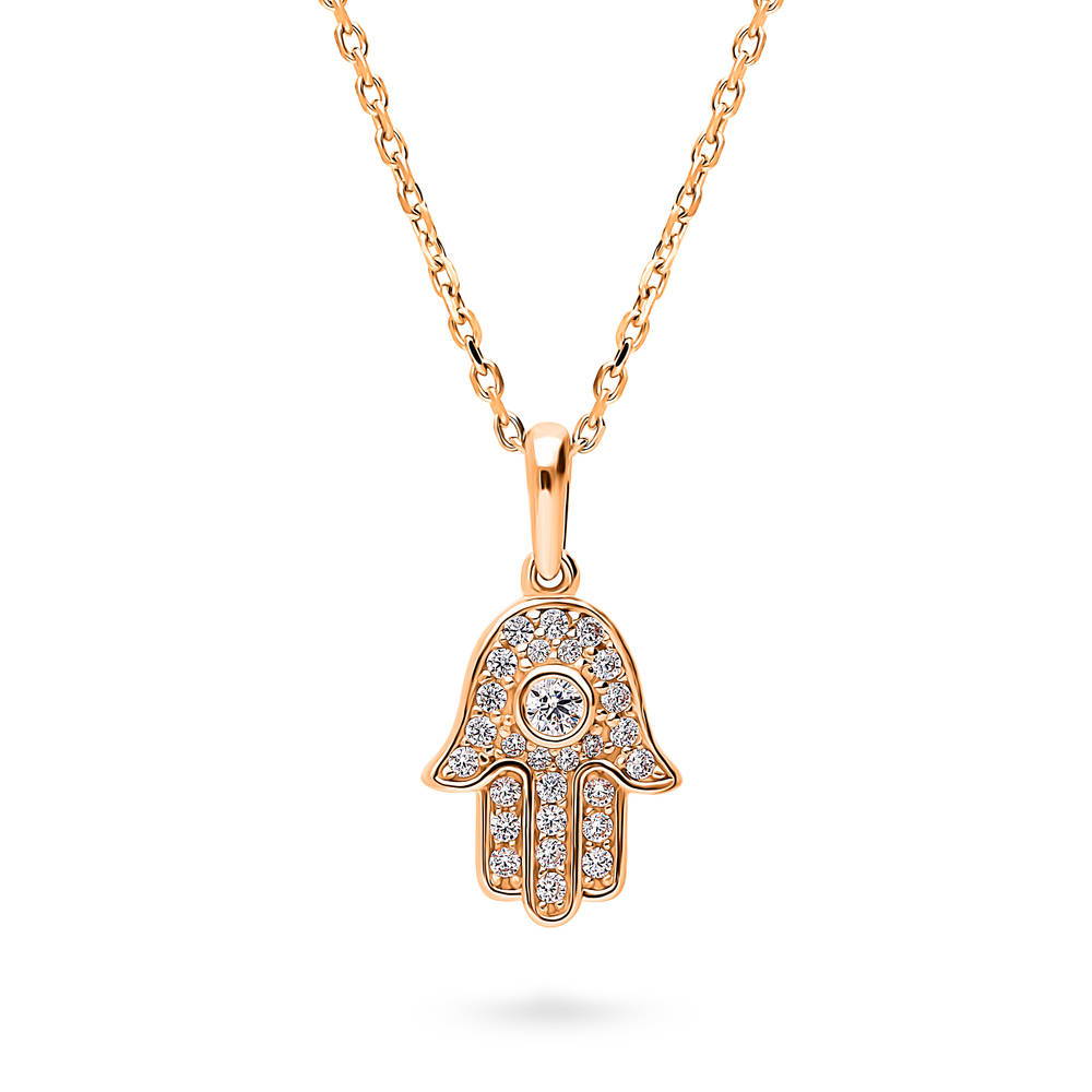 Hamsa Hand CZ Pendant Necklace in Rose Gold Flashed Sterling Silver, 1 of 5