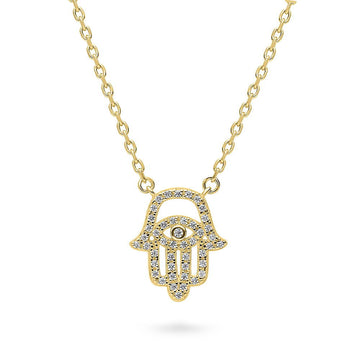 Hamsa Hand Evil Eye CZ Pendant Necklace in Gold Flashed Sterling Silver