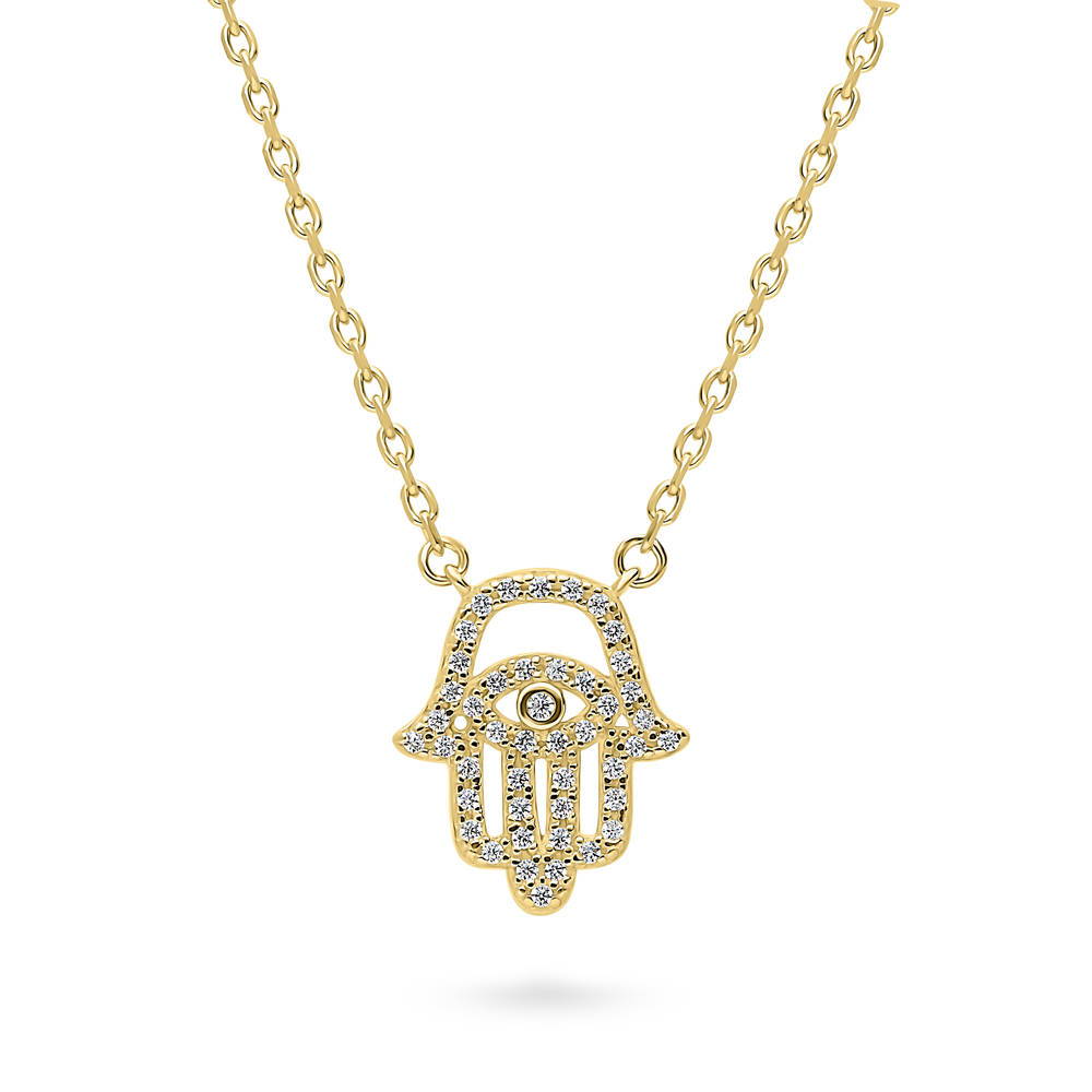 Hamsa Hand Evil Eye CZ Pendant Necklace in Gold Flashed Sterling Silver, 1 of 5
