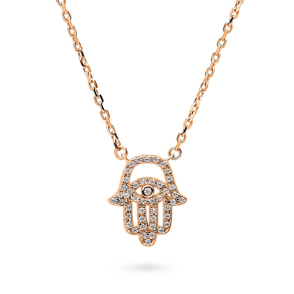 Hamsa Hand Evil Eye CZ Necklace in Rose Gold Flashed Sterling Silver, 1 of 5