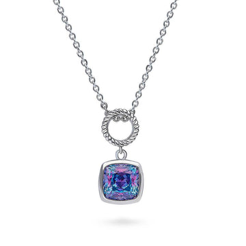 Woven Open Circle Purple Aqua CZ Pendant Necklace in Sterling Silver