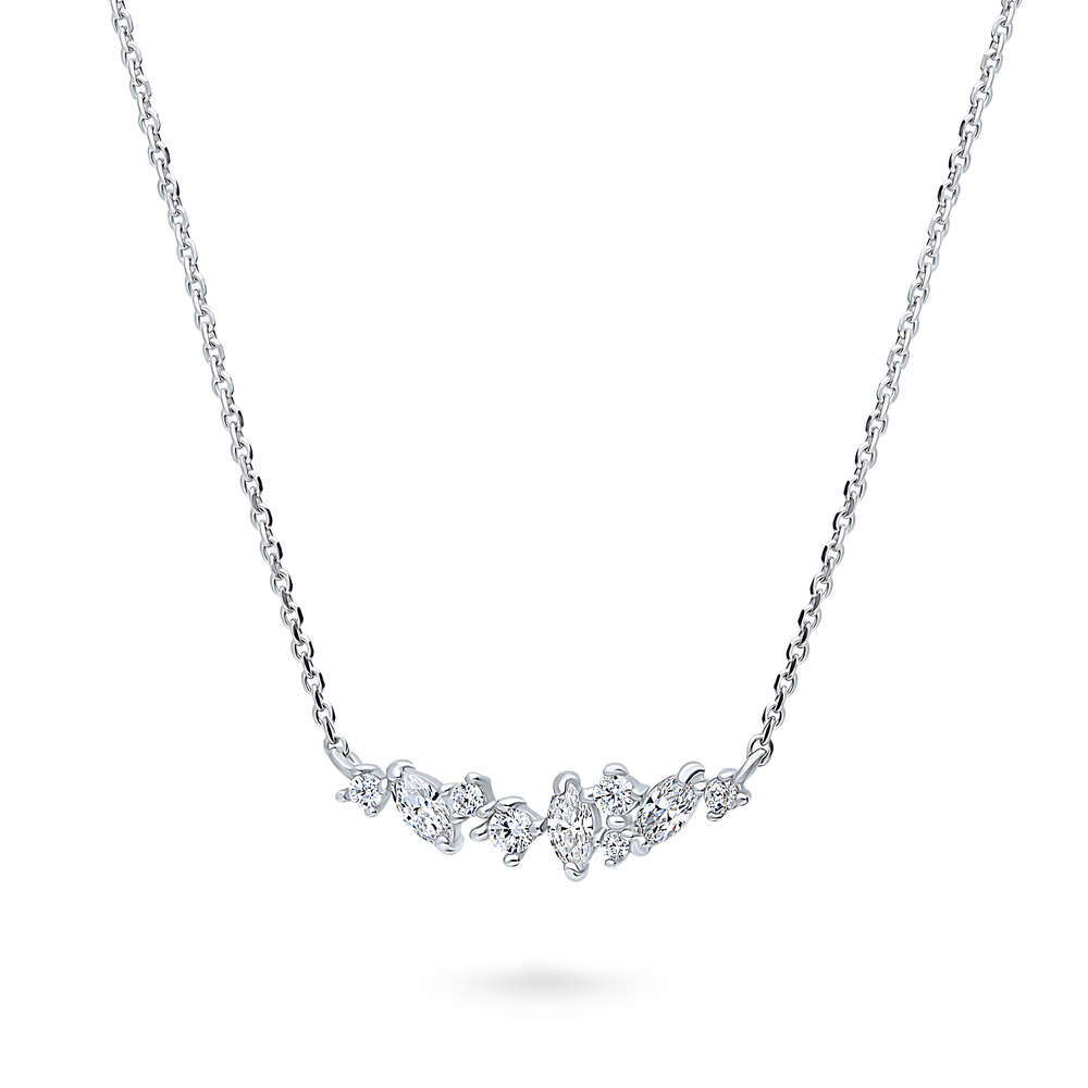 Front view of Cluster Bar CZ Pendant Necklace in Sterling Silver, 4 of 6