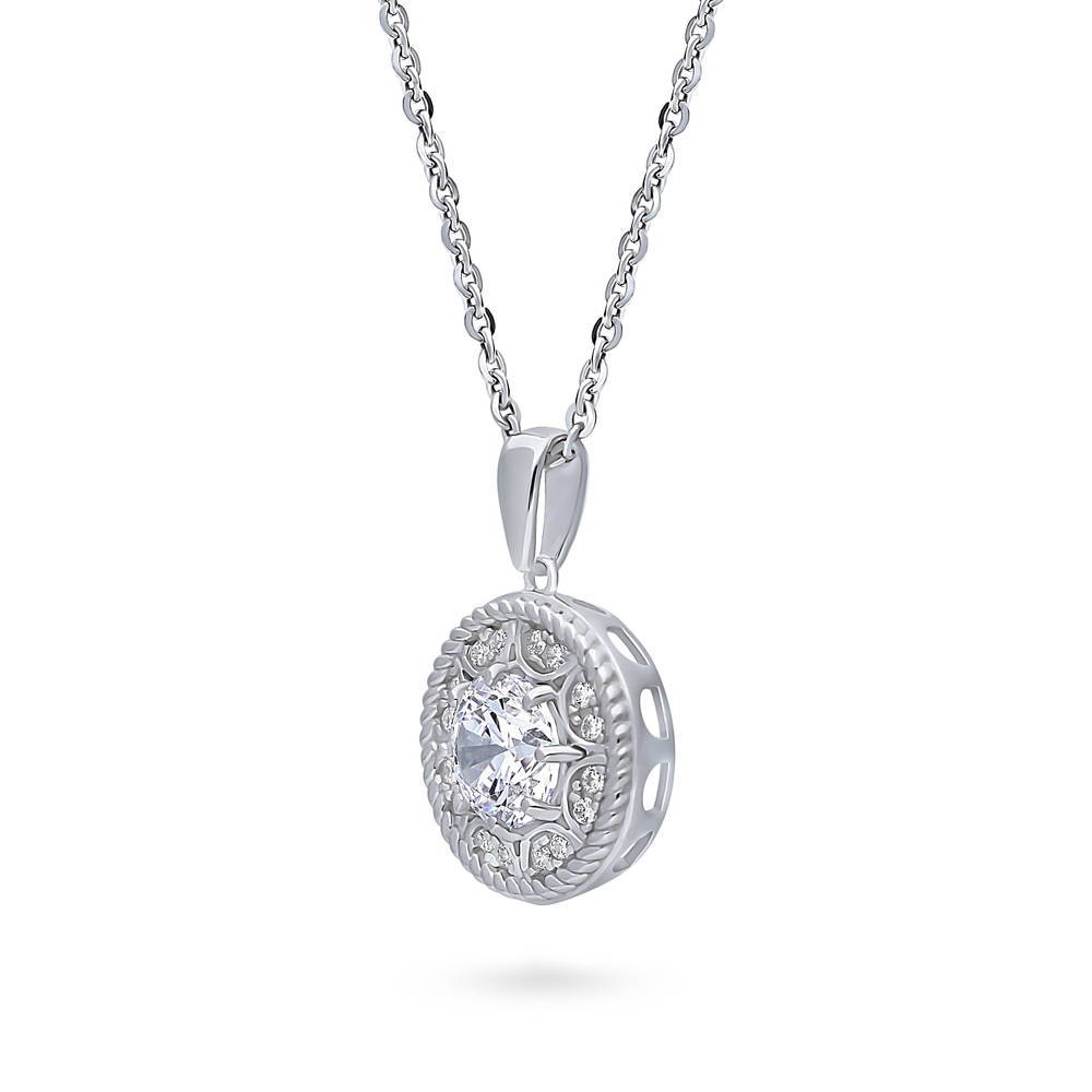 Cable Halo CZ Pendant Necklace in Sterling Silver