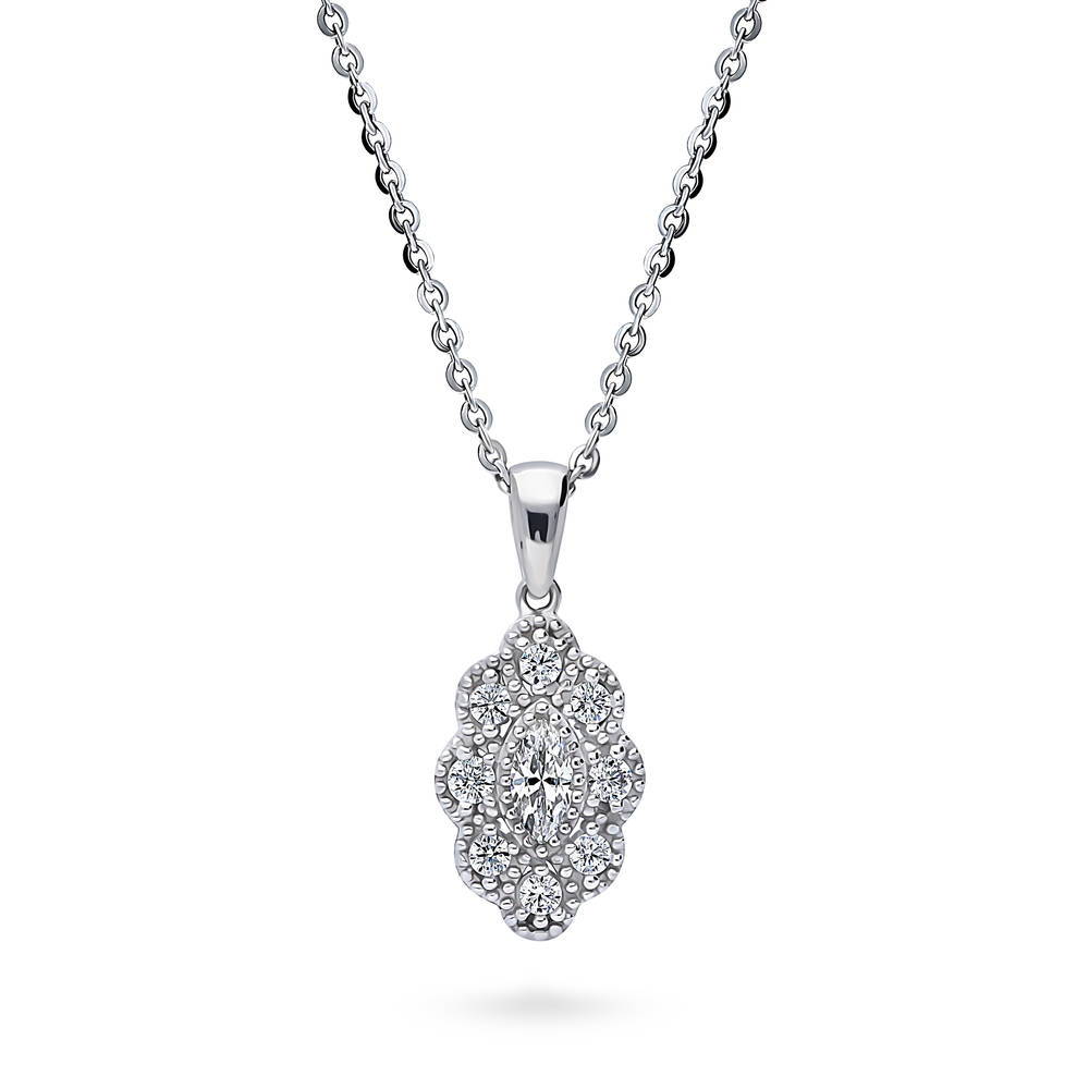 Halo Navette Marquise CZ Pendant Necklace in Sterling Silver