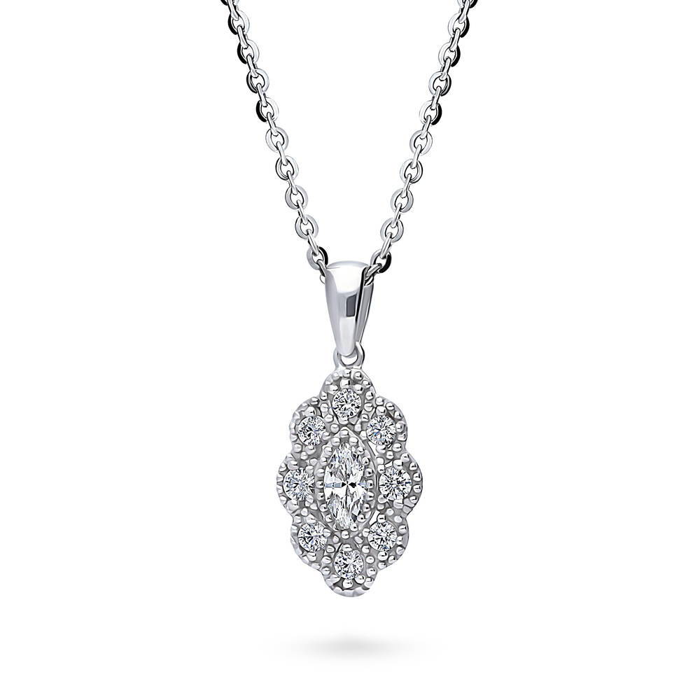 Front view of Halo Navette Marquise CZ Pendant Necklace in Sterling Silver, 4 of 7