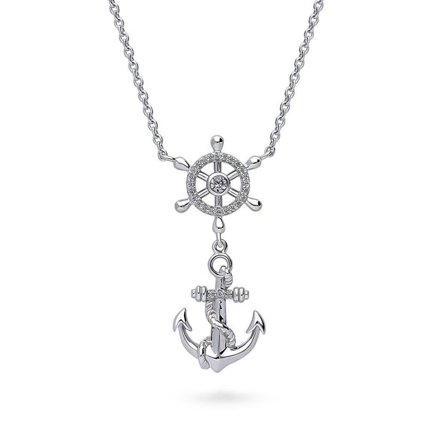 Sterling Silver Anchor Cubic Zirconia CZ Pendant Necklace