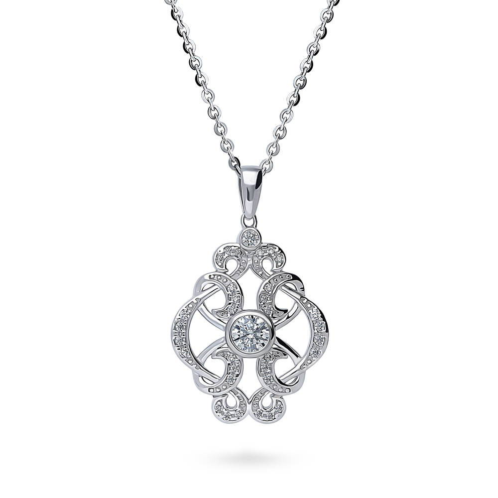 Flower Art Deco CZ Pendant Necklace in Sterling Silver